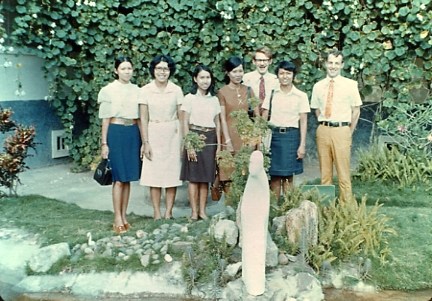 Fellow English teachers at Surnaree School in 1972. I am between the 2 women and the guy on the far right is Adrian Jones, an Australian contract teacher.